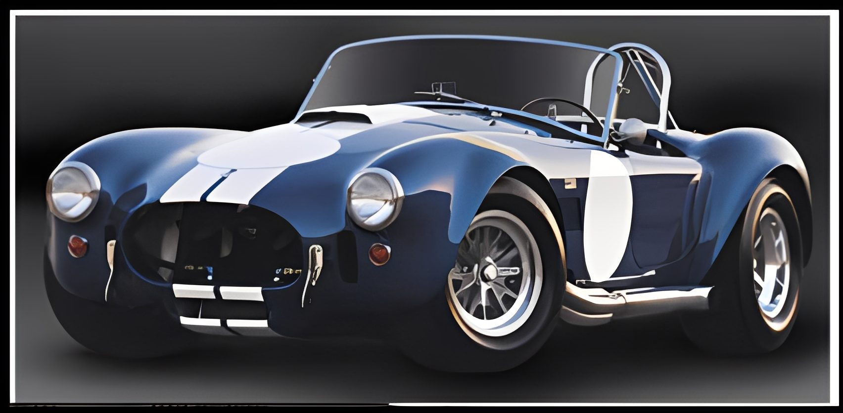 Blue vintage sports car with racing stripes.