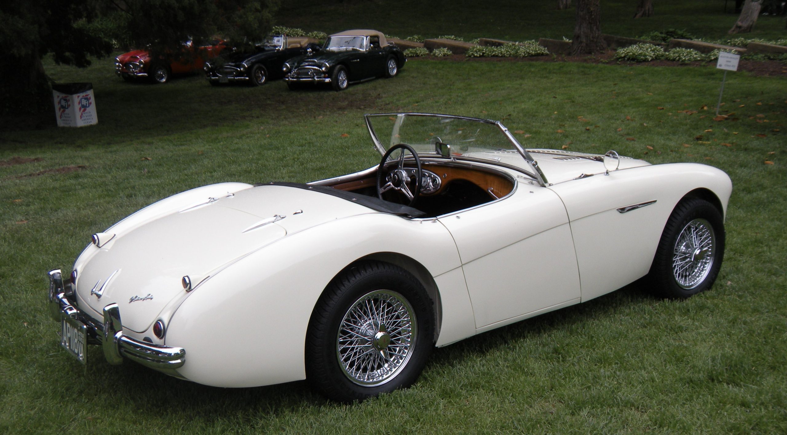 Classic white convertible car on grass.