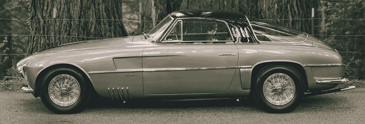 Vintage sports car parked beside trees.