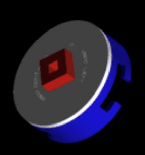 Blue round device with red square button