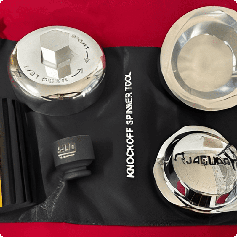 Knockoff spinner tool set on red background.